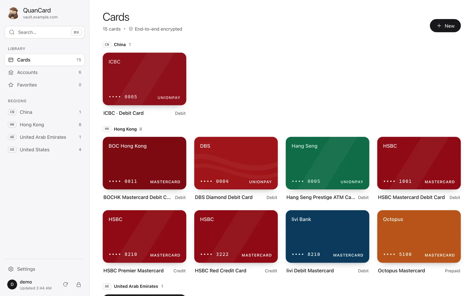 QuanCard web vault: cards grouped by region with sidebar navigation